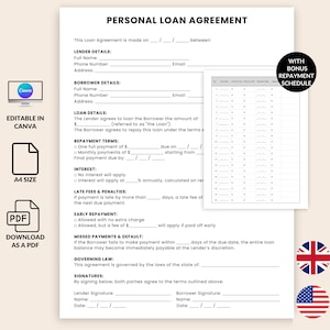 Sjabloon persoonlijke leningovereenkomst VK/VS: eenvoudige promesse van één pagina, bewerkbare pdf-bestand lenerscontract, digitaal leenformulier, terugbetalingsschema