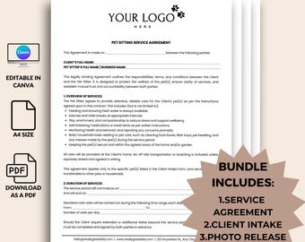 Pet Sitting Agreement Client Forms, Editable Pet Care Contract Template, Intake Form and Invoice, Consent & Business Kit, Canva, Cat Dog