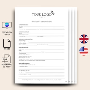 Könnte beinhalten: Gestapelte A4-Formulare zur Aufnahme von Kunden für Hundeausflüge. Das weiße Formular enthält Abschnitte für Kunden- und Hundeinformationen sowie tierärztliche Angaben. Bearbeitbar in Canva und als PDF herunterladbar.