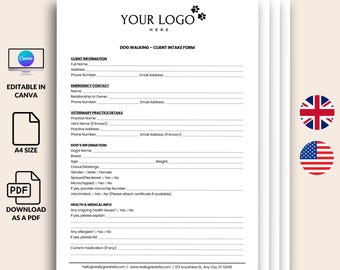 Editable Dog Walking Contract, Dog Walker Business and Pet Services, Dog Care Agreement PDF, Dog Sitting Form, Canva Template, Intake Form