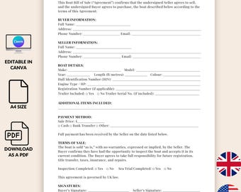 Boat Bill of Sale Template, UK & US Editable PDF, Printable Boat Sale Contract, Boat Ownership Transfer Form, Simple Boat Agreement