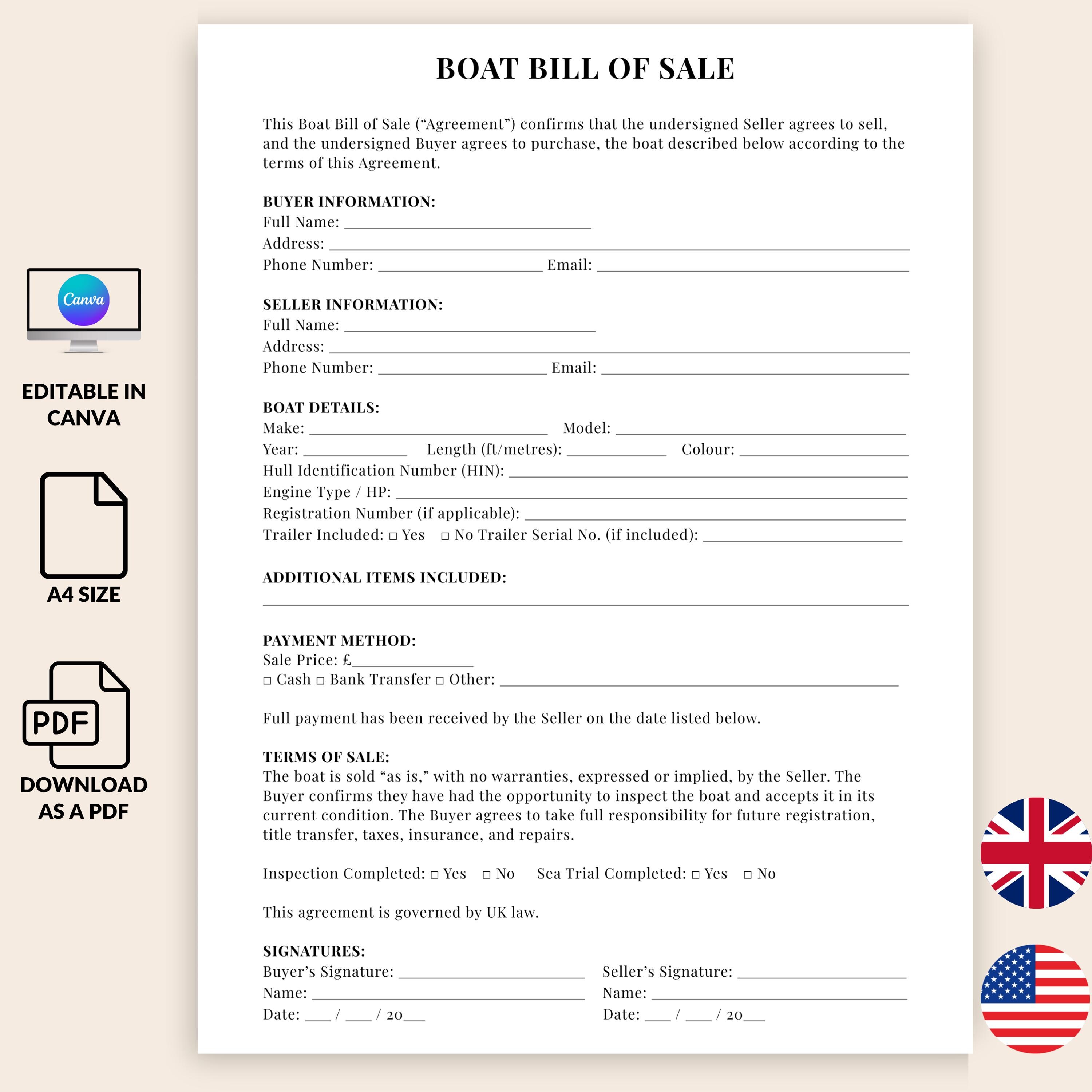 Boat Bill of Sale Template, UK \u0026 US Editable PDF, Printable Boat Sale  Contract, Boat Ownership Transfer Form, Simple Boat Agreement, image size:3000x3000