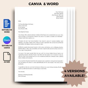 以下が含まれることがあります： 上部に「CANVA & WORD」というテキストが入った白いドキュメントテンプレート。文字参照レターのプレースホルダー、WordとCanvaでの編集可能性を示すアイコン、および「4 VERSIONS AVAILABLE！」が含まれています。