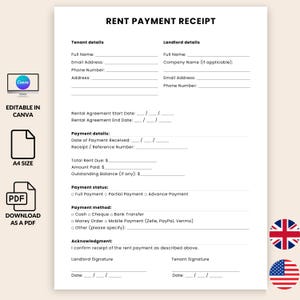 Rent Receipt Template | Editable Tenant & Landlord Receipt PDF | Rental Payment, Invoice, Simple Digital Printable | UK US
