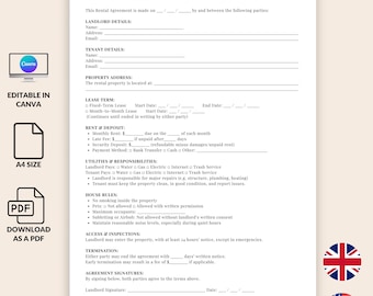 Contrato de alquiler de vivienda, plantilla de contrato de arrendamiento editable, formulario para arrendador, contrato de alquiler, contrato de arrendamiento residencial, editar en Canva, una página