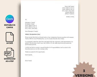 Resignation Letter Template, Professional Canva Layout, Notice Letter, Formal Quit Job Letter, Instant Download
