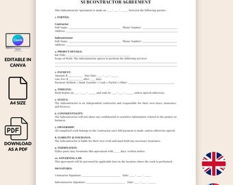 Plantilla de contrato de contratista y guardia de seguridad, PDF editable para subcontratistas, construcción, autónomos, imprimible en Canva, Reino Unido, EE. UU., contrato.