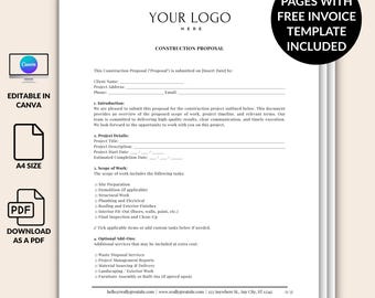 Editable Construction Proposal Template, Customizable Contractor Form, Printable Project Agreement, Includes Invoice, Instant Download PDF