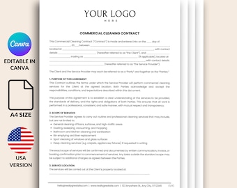 Modèle de contrat de nettoyage commercial, contrat de service de conciergerie modifiable Canva, formulaire de nettoyage de bureaux et de propriétés, téléchargement immédiat