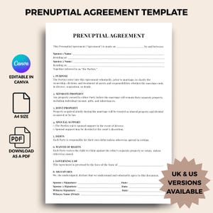 Prenuptial Agreement Template, Editable Prenup Form, Premarital Contract, Financial Disclosure PDF, Printable Legal Agreement, US UK Prenup
