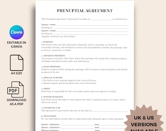 婚前契約書テンプレート、編集可能な婚前契約書フォーム、婚前契約書、財産開示書PDF、印刷可能な法的契約書、米国・英国婚前契約書