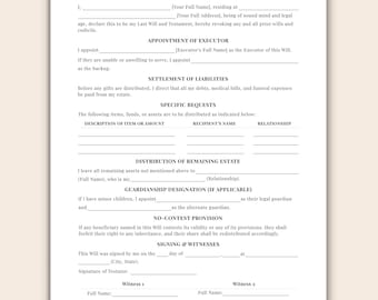 Editable Last Will and Testament Template, Printable One Page Will Form, Canva Basic Will Template, Simple Personalized Testament Download