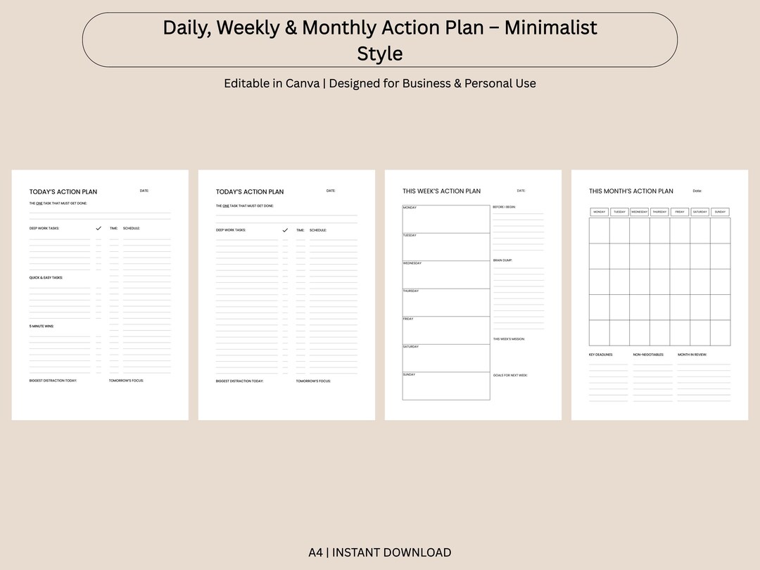 Daily Weekly Monthly to Do List Canva Template | Minimalist Printable ...