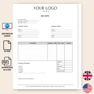 Receipt Template Canva, Small Business Payment Form, Printable Sales Record Sheet, Customer Receipts Document, Instant Download, Editable