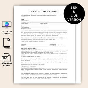 Legal Custody Agreement Template, Co-Parenting PDF Form, Child Custody Editable Document, Parenting Plan Agreement Download, Canva Link