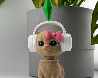 Sims Gatto con testa oscillante / Gatto con la testa che scuote, meme virale di TikTok / Plumbob e cuffie / Regalo per gamer, accessorio da scrivania, decorazione