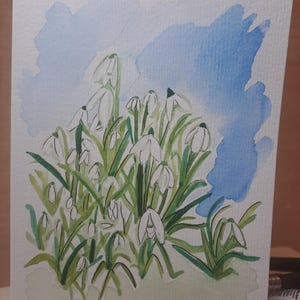 Cartão-presente original em aquarela pintada à mão SNOW DROPS (5" x 7") com envelope