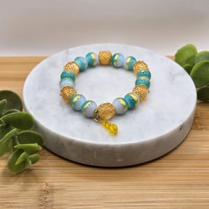 Teal and Gold Beaded Bracelet | Bohemian Bracelet | Bracelet for Women | Gifts for Her | Stretch Bracelet | Birthday Gift | Handmade Jewelry