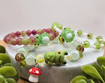 Glass Frog Beaded Bracelets | Frog & Mushroom Cottagecore Inspired Bracelet | Boho Jewelry for Women | Cute Handmade Tree Frog Gift
