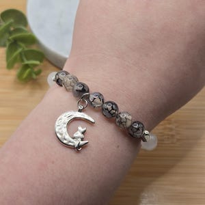 Marble Beaded Bracelet: Silver Cat-Moon Charm, Handmade