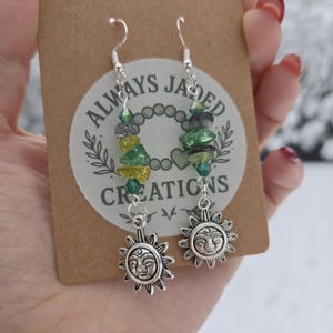 Boho Green Chipped Glass Earrings | Hanging Sun Dangling Earrings | Summer Chic Handmade Coastal Jewelry for Women