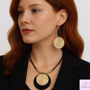 Black Gold Boho Jewellery Set – Statement Pendant Necklace & Bold Dangle Earrings for Women