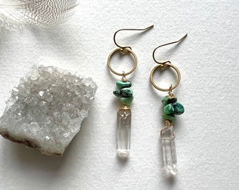 Brass hoop green turquoise and crystal earrings, bohemian earrings, crystal quartz earrings, boho earrings, brass hoops modern crystal