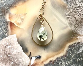 Handmade Prehnite green faceted stone drop necklace, pendant necklace, brass shaped drop and stone pendant necklace, gold necklace for her