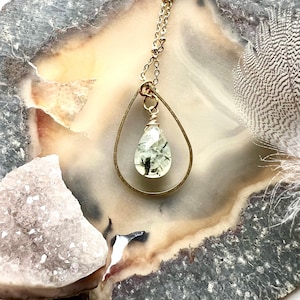 Handmade Prehnite green faceted stone drop necklace, pendant necklace, brass shaped drop and stone pendant necklace, gold necklace for her image 1