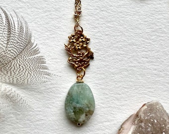 Handmade Natural Aquamarine stone drop necklace, pendant necklace, brass floral filigree and stone pendant necklace, gold necklace for her