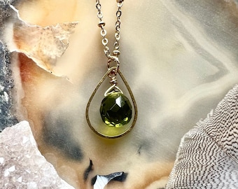 Handmade peridot green  faceted stone drop necklace, pendant necklace, brass shaped drop and stone pendant necklace, gold necklace for her