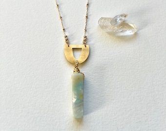 Handmade brass and aventurine stone drop necklace, pendant necklace, brass shaped arch and stone pendant necklace, gold necklace for her