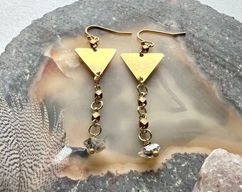 Handmade Herkimer diamond quartz earrings, brass triangle earrings, geo earrings, brass chain earrings, brass earrings, boho modern earrings