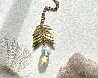 Handmade brass leaf opalite necklace,Opalite Necklace, gold plated chain, Opalite Drop jewelry, Gift for Girlfriend, Gift for Her,