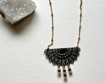 Filigree fan patina Necklace with hemetite stone, Long vintage necklace, romantic necklace, gold necklace for her