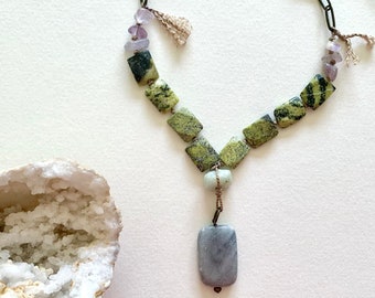 Jasper and amethyst stone bead hand knotted necklace, long necklace, dainty necklace, stone necklace, boho necklace, long beaded necklace