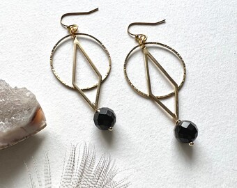 Black onyx stone and  hand hammered brass geometric earrings, statement earrings, handmade earrings