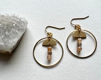 Brass arch and hammered circle hoop earrings, bohemian earrings,  ASunstone earrings, boho earrings, brass modern earrings