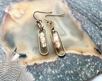 Paperclip brass and sunstone modern earrings, stone earrings, modern gemstone earrings, earrings for her,  brass and stone, stone jewelry