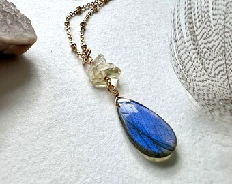 Handmade Labradorite and citrine necklace,  Blue flash pendant, 14k gold plated necklace for women, layering jewelry, gift for her, dainty