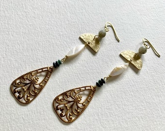 Boho Art Deco Brass Dangle Earrings, Labradorite, Mother of Pearl