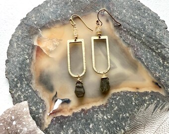 Labradorite Citrine Brass Arch Earrings, Gemstone Dangle Earrings