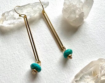 Long Turquoise Stone Earrings, Brass Geometric Dangle