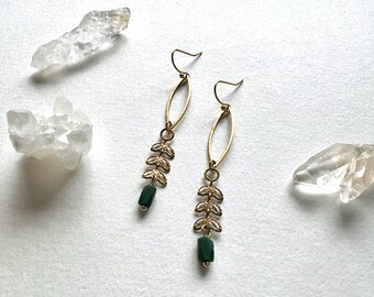 Brass Leaves Dangle Earrings, Green Stone, Romantic Jewelry