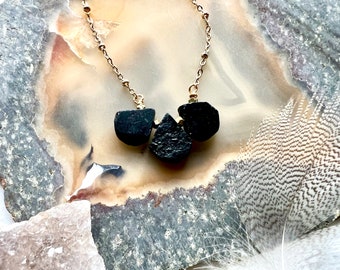 Tourmaline black drops pendant necklace, matte black necklace, bohemian necklace,  stone necklace, real stone jewelry,  stone pendant