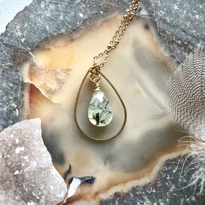 Handmade Prehnite green faceted stone drop necklace, pendant necklace, brass shaped drop and stone pendant necklace, gold necklace for her image 3