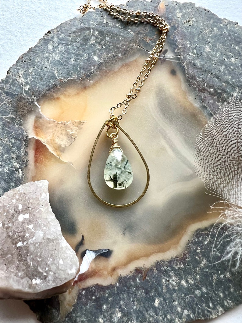 Handmade Prehnite green faceted stone drop necklace, pendant necklace, brass shaped drop and stone pendant necklace, gold necklace for her image 3