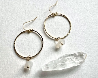 Hand Hammered Brass Hoop Earrings, Moonstone Bohemian Jewelry