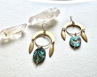Brass hoop earrings, brass mooon and drops,  bohemian earrings, abalone shell earrings, boho earrings, circle earrings,