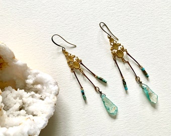 Vintage boho earrings, boho earrings, bohemian earrings, Victorian modern earrings, aqua and brass earrings, art deco earrings, OOAK